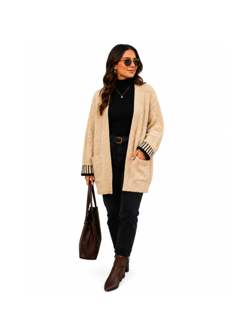 Women’s Open Front Long Sleeve Cardigan – Tan – Size M – NWOT